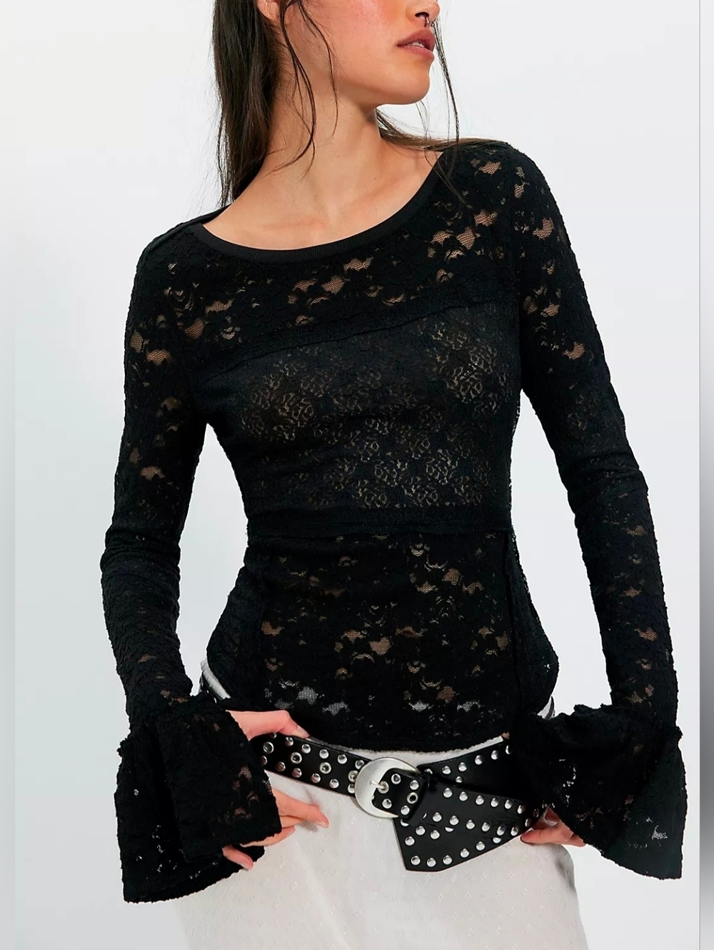 Free People Black Sheer Lace Long Sleeve Flared Cuffed Top